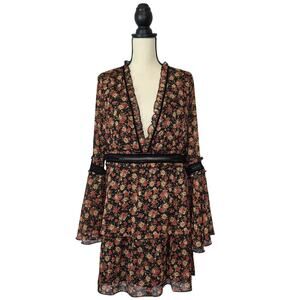 Nasty Gal dress I'll Be Bouquet floral mini boho tiered plunging neckline sz 10